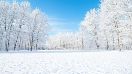 Fototapeta premium Snowy field surrounded by frost-covered trees under a clear blue sky on a bright winter day.