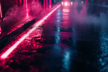 Wet asphalt reflecting neon lights, creating a sleek, dark, futuristic environment with smoke effects.