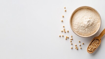 Bowl and spoon with soy flour soybeans on white background