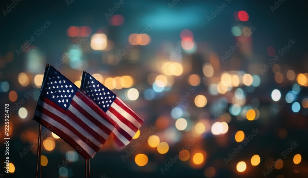Poster two small american flags, one on the left and another in front of it, with blurred city lights in th