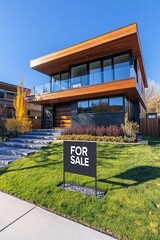 Modern house with for sale sign standing in front yard