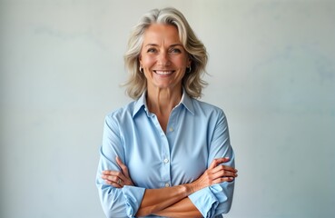 Stylish senior woman confidently poses. Attractive middle-aged European woman smiles directly at camera. Confident mature lady in light blue shirt. Portrait style. Happy older woman in studio
