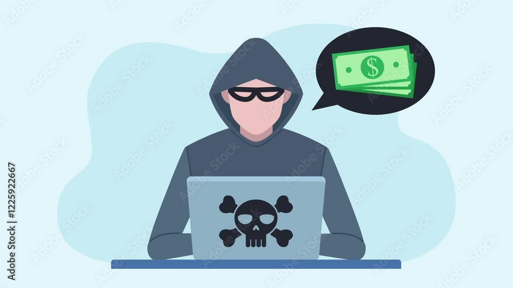 Poster animation of a hacker working on a laptop. the hacker is wearing a hood and an eye mask. a comic boo