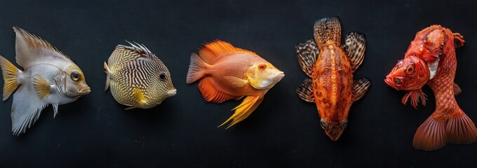 Fototapeta premium Five Vibrant Tropical Fish on Black Background