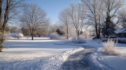 Obraz premium Icy Path in Snowy Landscape with Frost Covered Trees and Blue Sky in Winter
