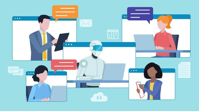 Animation showing a conversation between online workers and an AI robot. Several characters work on a computer, one on a tablet and one takes notes on a piece of paper. Flat design animation video