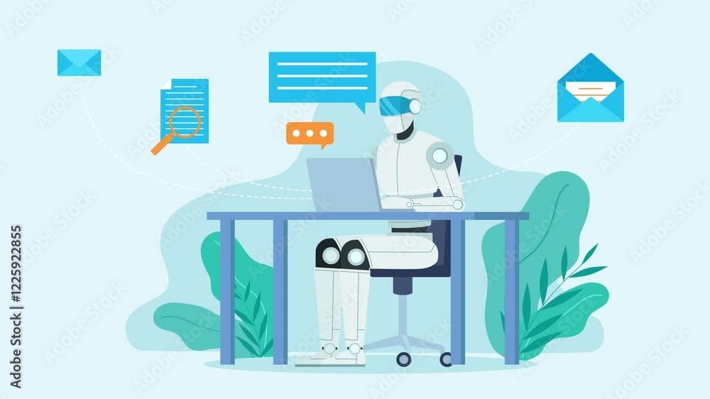 Poster video animation of a working ai robot. the robot sits at a desk and works on a laptop, talks to a cl
