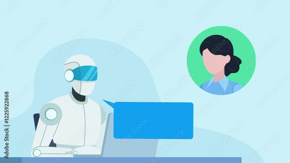 Poster customer support ai robot working on a laptop and talking to a customer. artificial intelligence hel