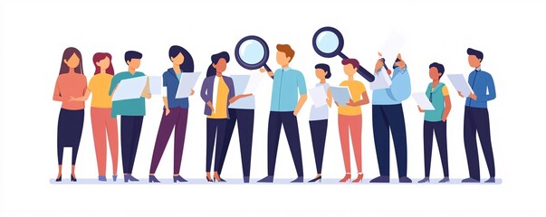 Diverse group of people holding magnifying glass and documents searching for ideas and solutions