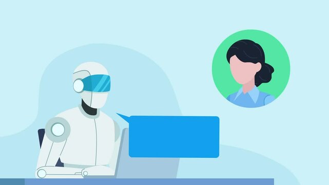 Customer support AI robot working on a laptop and talking to a customer. Artificial intelligence helps fix the customer's problem and the satisfied customer rates his work five stars. Animation flat.