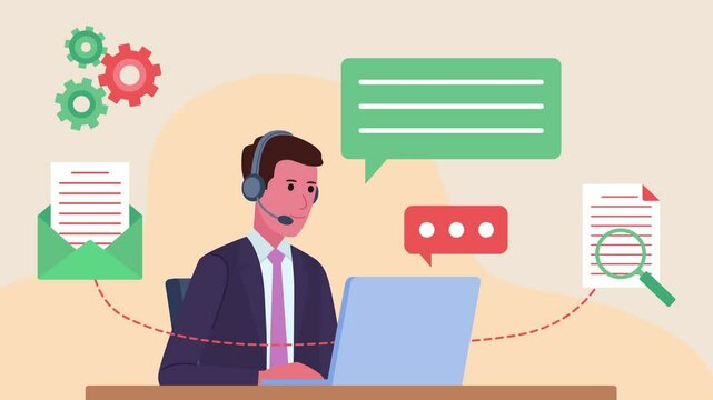 Animation of a smiling employee sitting at a desk and working on a laptop. The character is wearing headphones with a microphone and is talking to a client. He receives an email and analyzes data