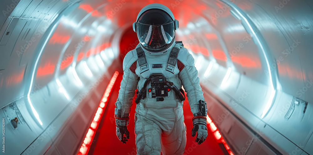 Poster a man in a spacesuit walks down a red tunnel. the tunnel is lit up with red lights, creating a sense