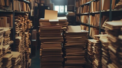 Obraz premium Stacks of old paper documents are lying between shelves in the archive