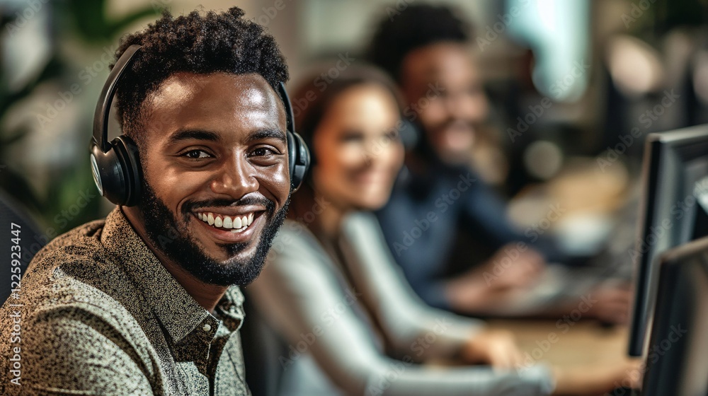 Poster Happy customer service representative smiling working in busy call center