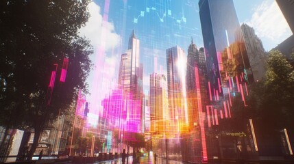 Obraz premium Futuristic cityscape showing skyscrapers with augmented reality financial charts and graphs, symbolizing the integration of technology and finance in a modern urban environment