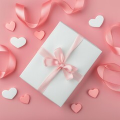 Valentine mockup with white gift card box on simple pink background with light pink ribbons