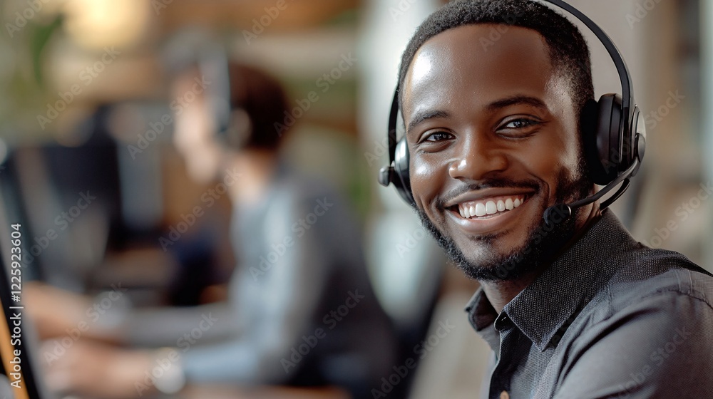 Aufkleber young customer service agent is smiling while working in a busy call center