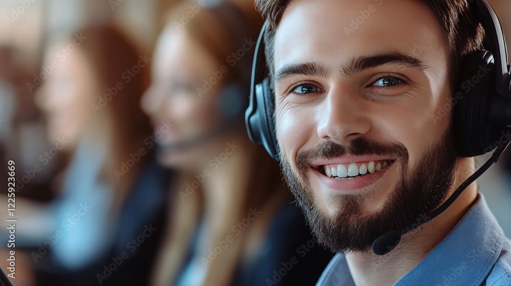 Poster smiling male call center agent wearing headset working in a busy office