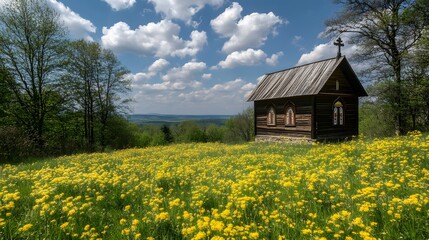 Scenic Wooden Chapel in Spring Meadow Landscape
