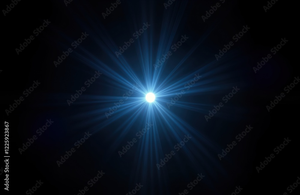 Poster Bright light rays burst from center on black background. Light effect looks like lens flare. Design suitable for digital art projects. Creative abstract photo for tech artistic projects. Perfect