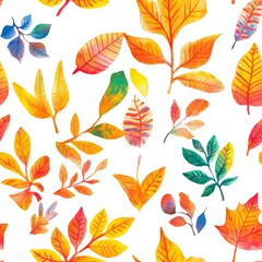 Obraz premium Colorful Watercolor Fall Leaves Pattern for Autumnal Backgrounds