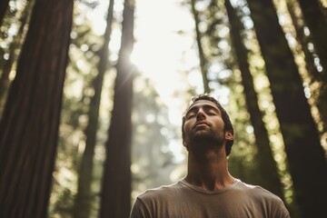 Naklejka premium A man breathes deeply in a sun-dappled redwood forest, finding peace and tranquility.