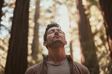A man with eyes closed, breathing deeply in a Redwood forest, finding peace and serenity amidst nature.