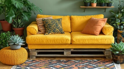 Mustard Yellow Sofa in a Bohemian Living Room with Lush Greenery