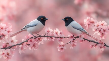 Two Elegant Birds Perched on a Branch of Delicate Pink Blossoms