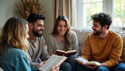 Young adults gather on couch. Engrossed in discussions, reading from Bible. Smiling, interacting positively. Informal, friendly setting. Group learning, sharing ideas on religious topics. Intimate,