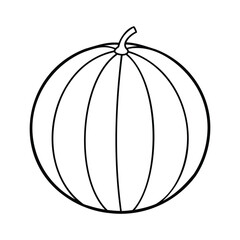 Black and white outline drawing of a melon with a stem