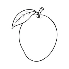 Black and white outline drawing of a mango with a stem and leaf