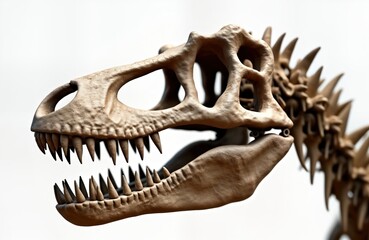 Fossil dinosaur head skeleton displayed against white background. Detailed view of skull structure....