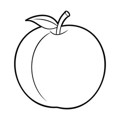 Black and white outline drawing of a peach with a stem and leaves