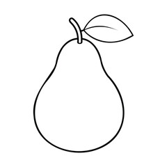 Black and white outline drawing of a pear with a stem and leaf