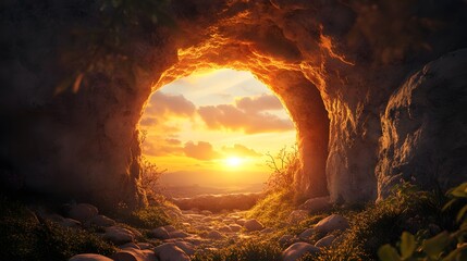 empty tomb of Jesus Christ at sunrise resurrection