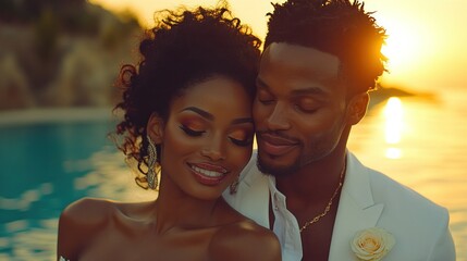 Romantic Sunset Embrace: A Couple's Golden Hour by the Pool