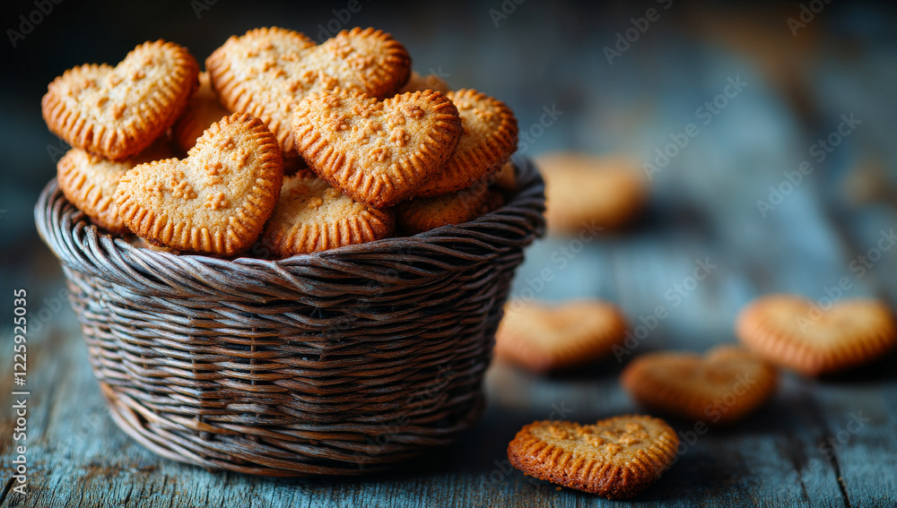 Poster a basket full of cookies with hearts on them. the basket is on a wooden table. the cookies are arran