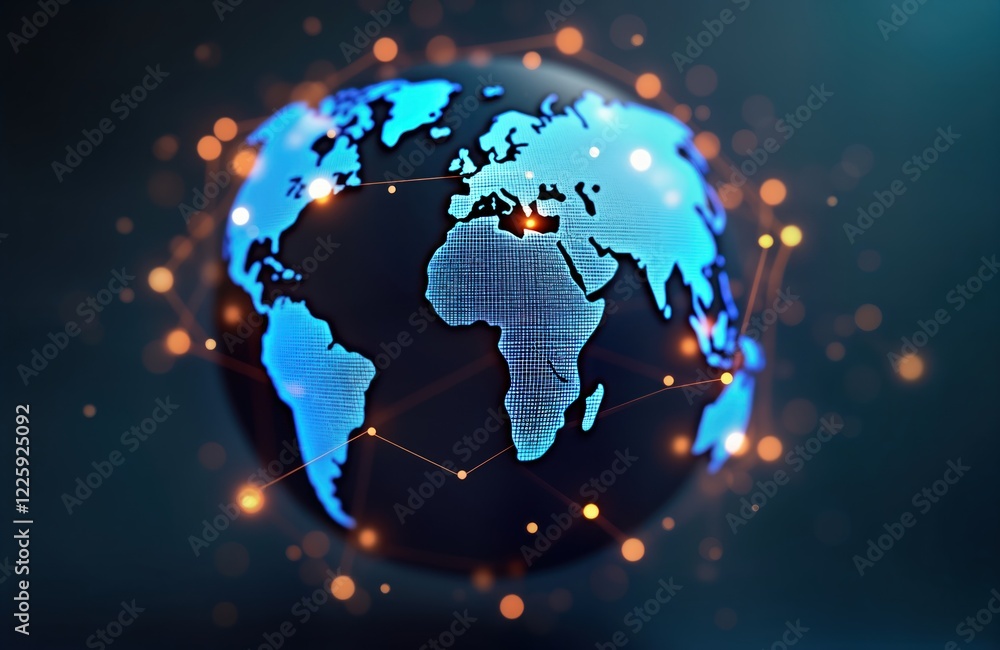 Fototapete Global network illustration. Globe shows intricate map with glowing lines, dots connecting different locations. Modern tech concept, global connectivity. Visualizes international communication.