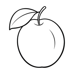 Black and white outline illustration of a plum fruit with a stem and leaves
