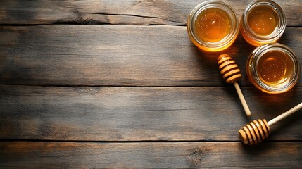 Delicious Honey Jars on Rustic Wooden Table Background