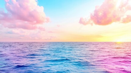 Obraz premium Serene ocean sunset, pastel cloudscape, tranquil waters, travel background