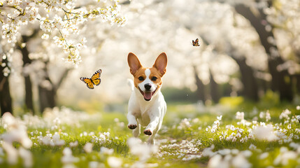 Fototapeta premium A joyful dog sprinting through a park filled with blooming cherry blossom trees, eagerly chasing butterflies, creating a lively and heartwarming springtime scene