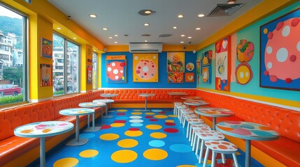 Vibrant Restaurant Interior with Polka Dot Floor and Orange Booths