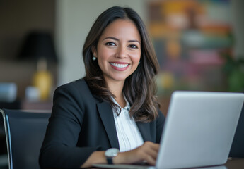 Foto de una empresaria latinoamericana usando una computadora port&aacute;til durante una reuni&oacute;n.