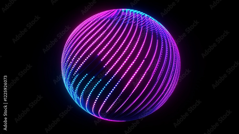 Poster abstract 3d spheres of neon dots and stripes. hi-tech orb hud design element. global network connect