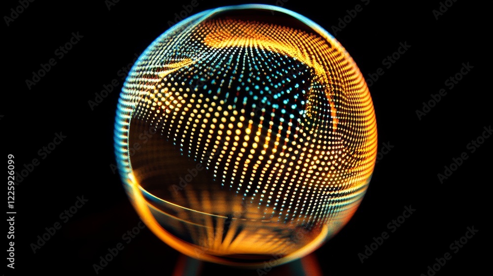 Poster abstract 3d spheres of neon dots and stripes. hi-tech orb hud design element. global network connect