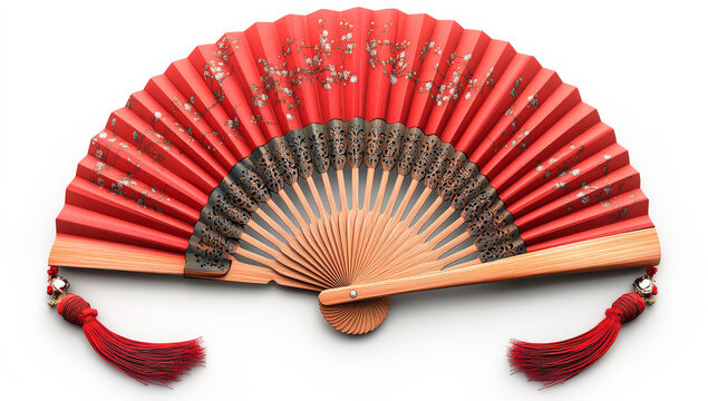 A red fan with a red tassel on the end. The fan is open and has a design on it