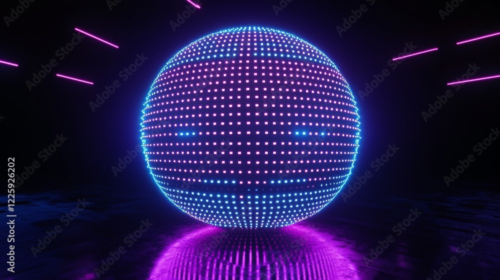 Poster abstract 3d spheres of neon dots and stripes. hi-tech orb hud design element. global network connect