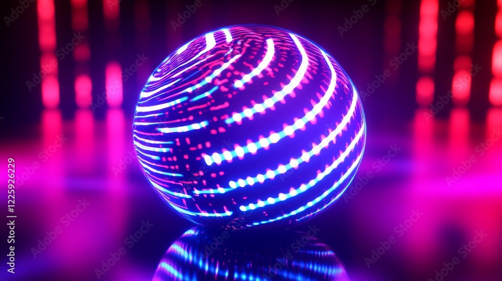 Poster abstract 3d spheres of neon dots and stripes. hi-tech orb hud design element. global network connect